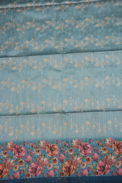 Semi Raw Silk Saree with Embroidered Body & Floral Borders – Powder Blue