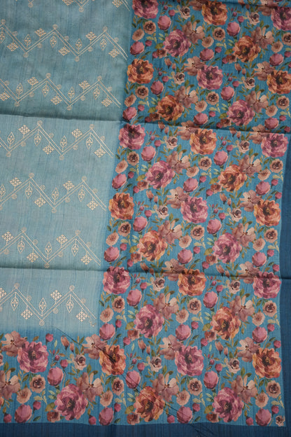 Semi Raw Silk Saree with Embroidered Body & Floral Borders – Powder Blue