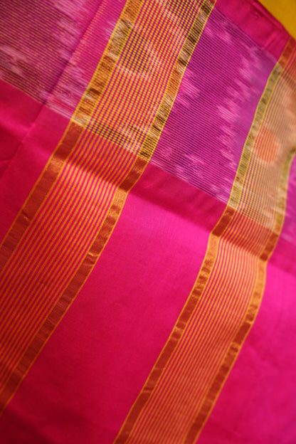 Ikkat Cotton Silk Saree - Yellow and Pink
