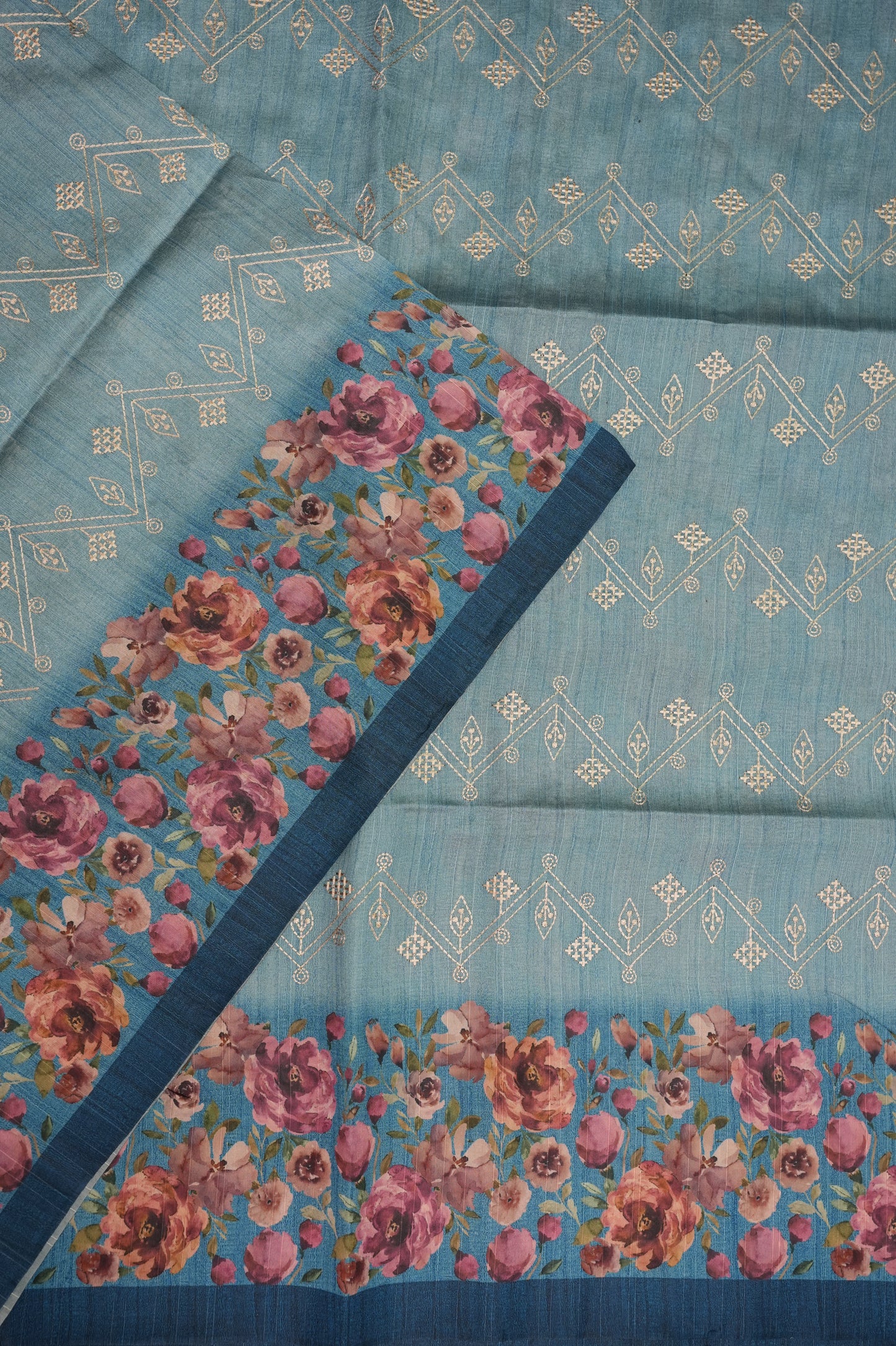 Semi Raw Silk Saree with Embroidered Body & Floral Borders – Powder Blue