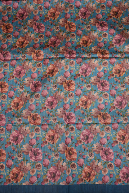 Semi Raw Silk Saree with Embroidered Body & Floral Borders – Powder Blue