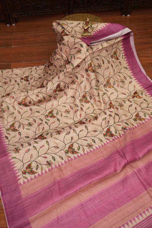 Semi Raw Silk Saree with Embroidered Body & Temple Border – Beige & Dusty Rose Pink