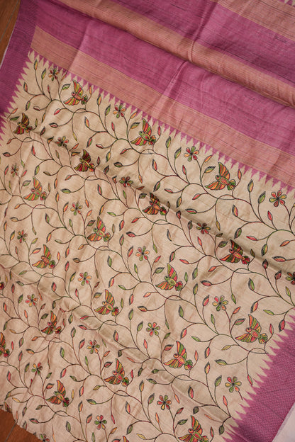 Semi Raw Silk Saree with Embroidered Body & Temple Border – Beige & Dusty Rose Pink
