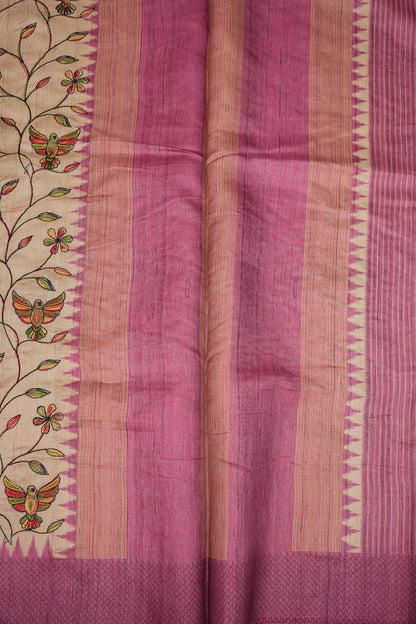 Semi Raw Silk Saree with Embroidered Body & Temple Border – Beige & Dusty Rose Pink