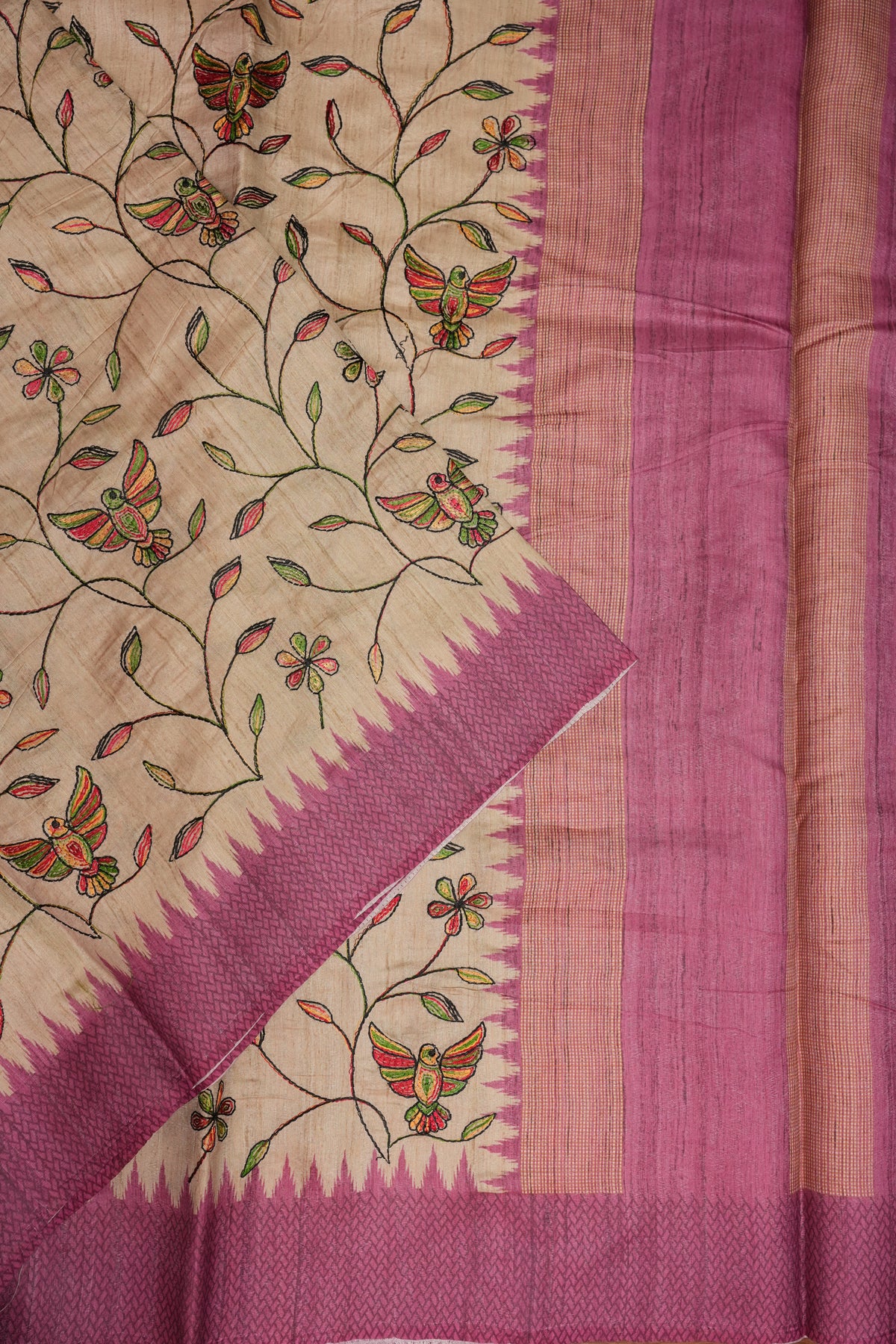 Semi Raw Silk Saree with Embroidered Body & Temple Border – Beige & Dusty Rose Pink