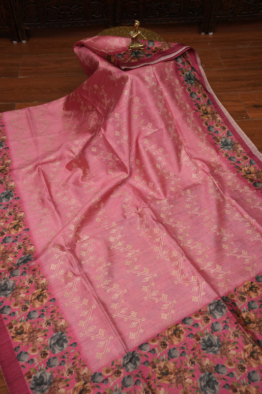 Semi Raw Silk Saree with Embroidered Body & Floral Borders – Dusty Rose Pink