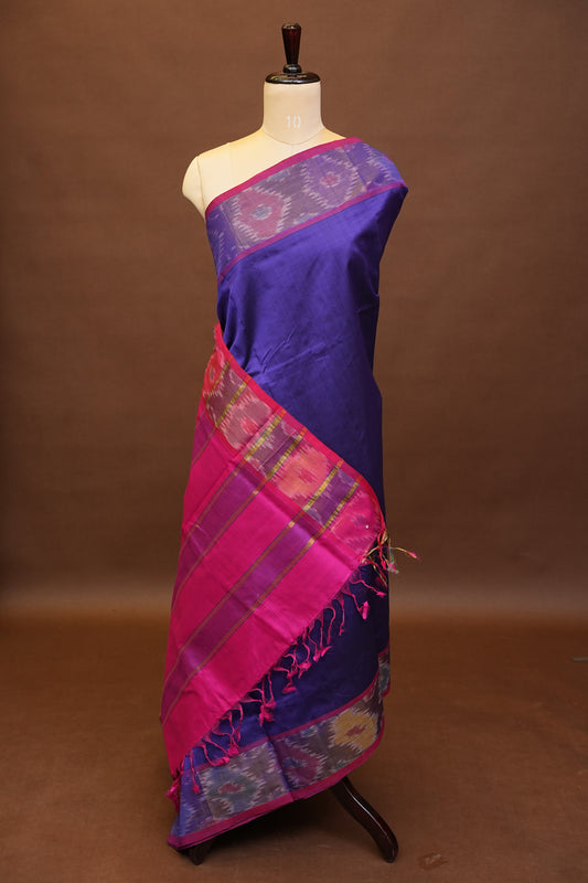 Ikkat Cotton Silk Saree - Purple with Pink
