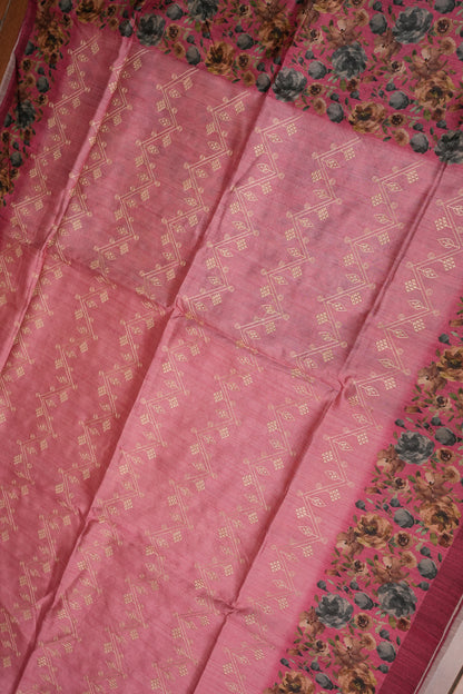 Semi Raw Silk Saree with Embroidered Body & Floral Borders – Dusty Rose Pink