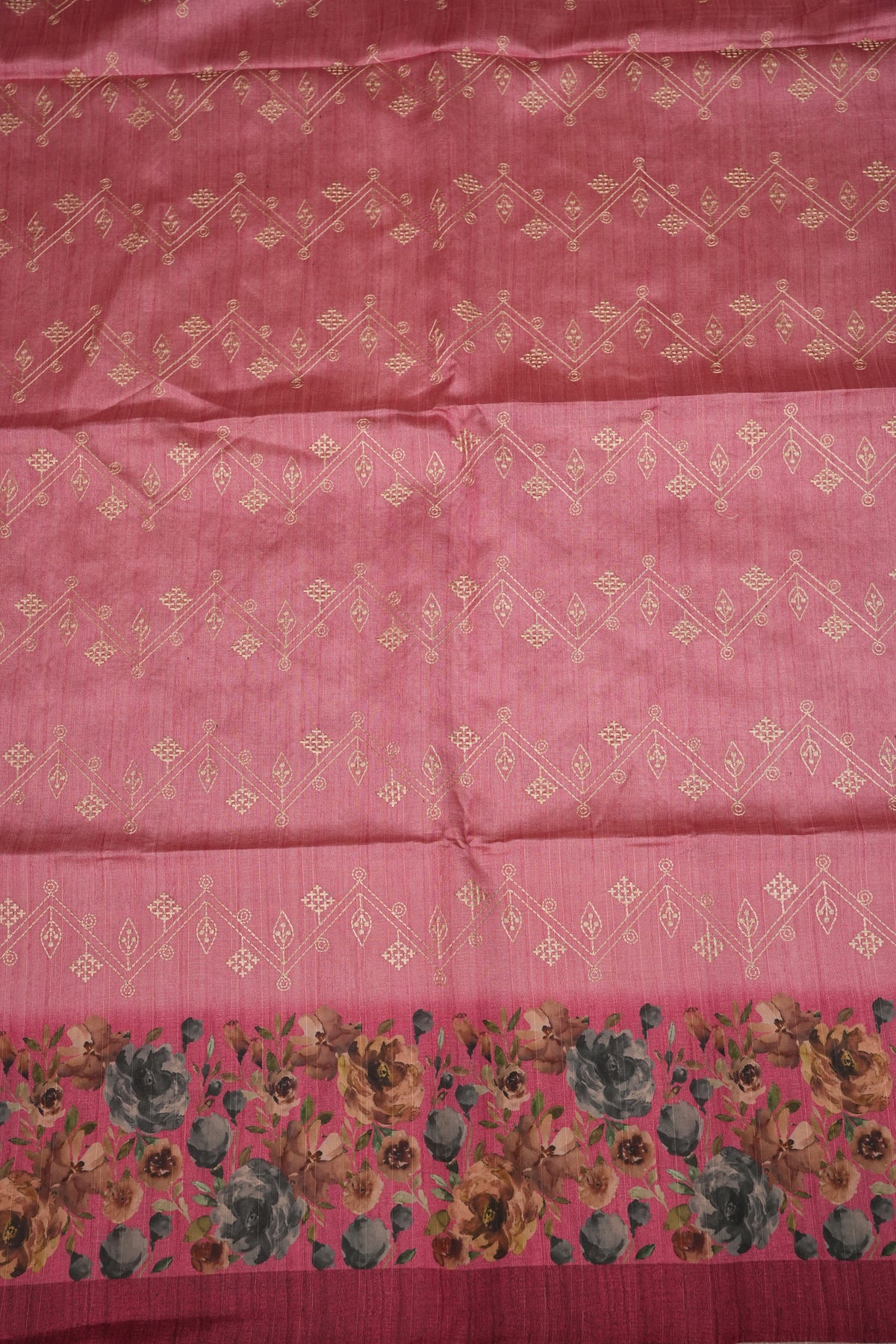 Semi Raw Silk Saree with Embroidered Body & Floral Borders – Dusty Rose Pink