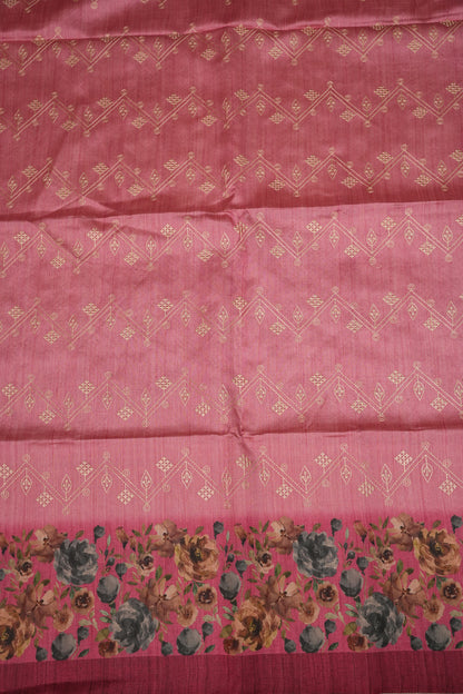 Semi Raw Silk Saree with Embroidered Body & Floral Borders – Dusty Rose Pink