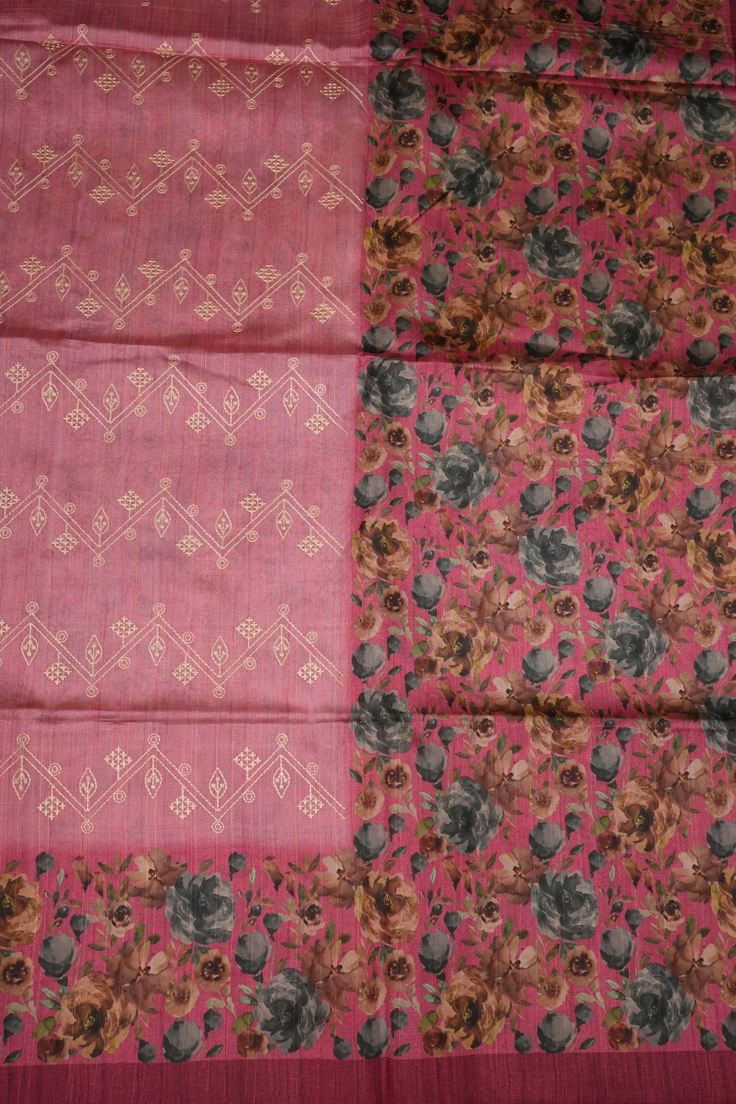 Semi Raw Silk Saree with Embroidered Body & Floral Borders – Dusty Rose Pink
