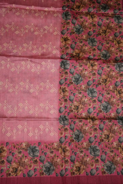 Semi Raw Silk Saree with Embroidered Body & Floral Borders – Dusty Rose Pink