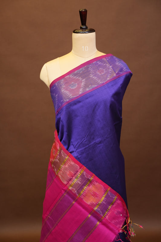 Ikkat Cotton Silk Saree - Purple with Pink