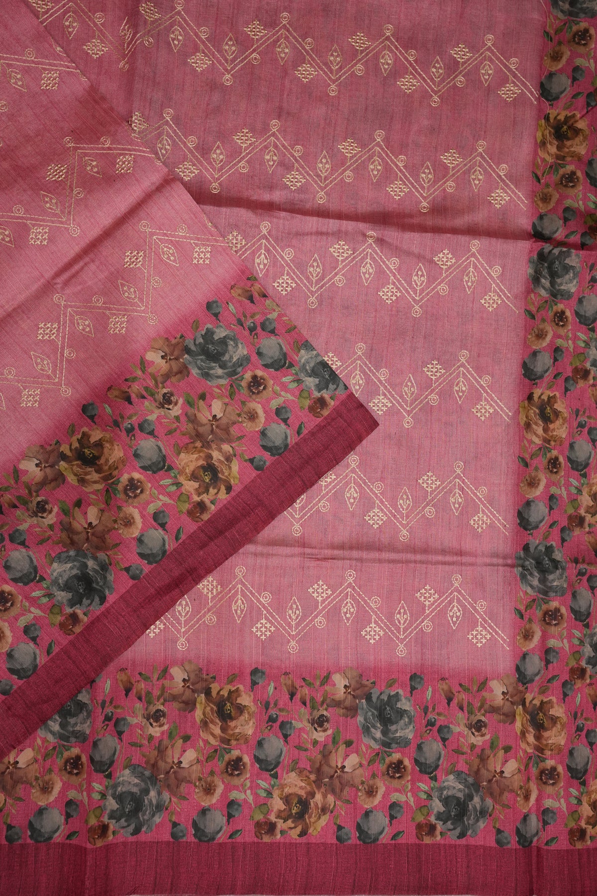 Semi Raw Silk Saree with Embroidered Body & Floral Borders – Dusty Rose Pink