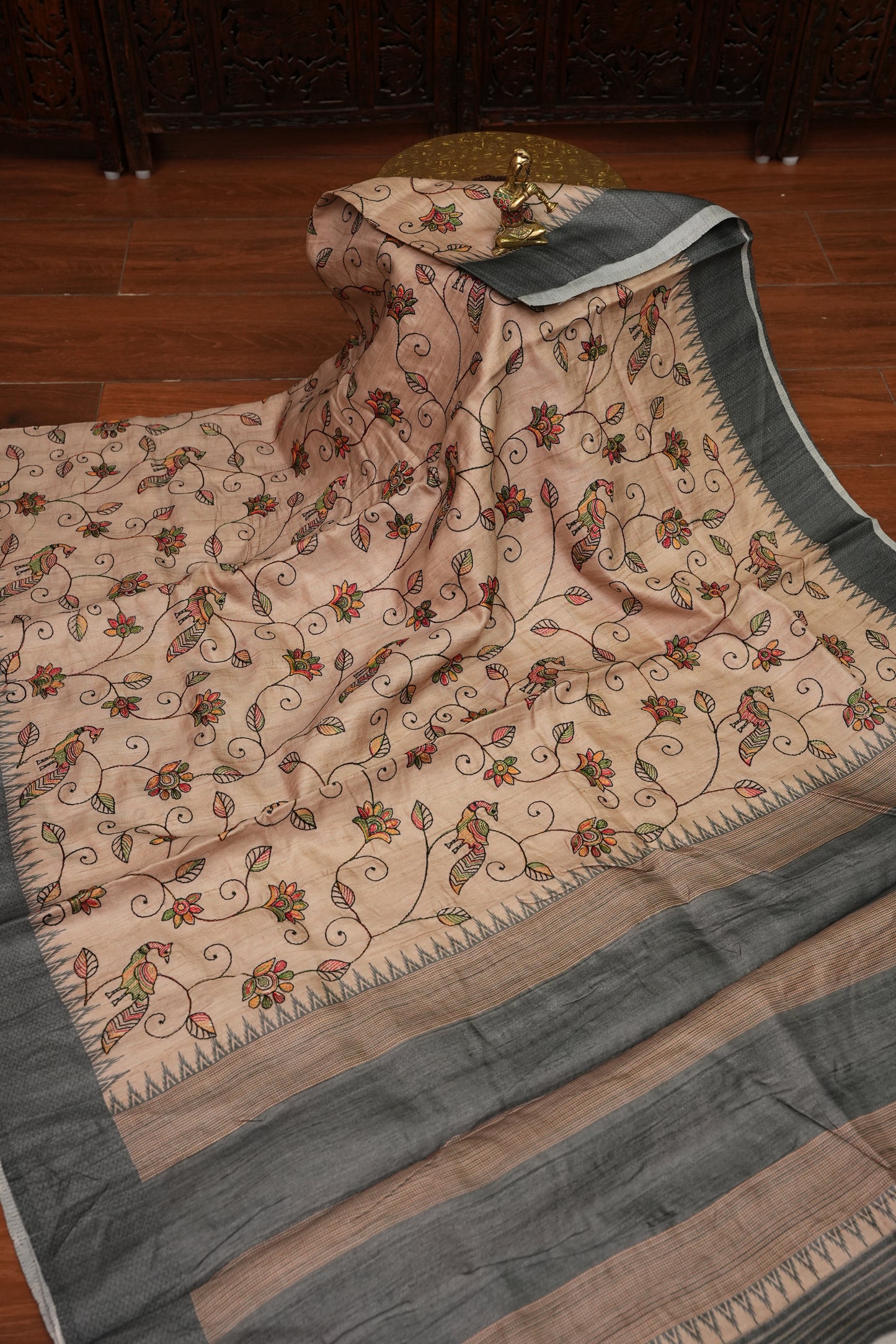 Semi Raw Silk Saree with Embroidered Body & Temple Border – Beige & Charcoal Grey