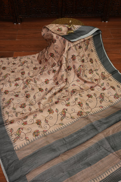 Semi Raw Silk Saree with Embroidered Body & Temple Border – Beige & Charcoal Grey