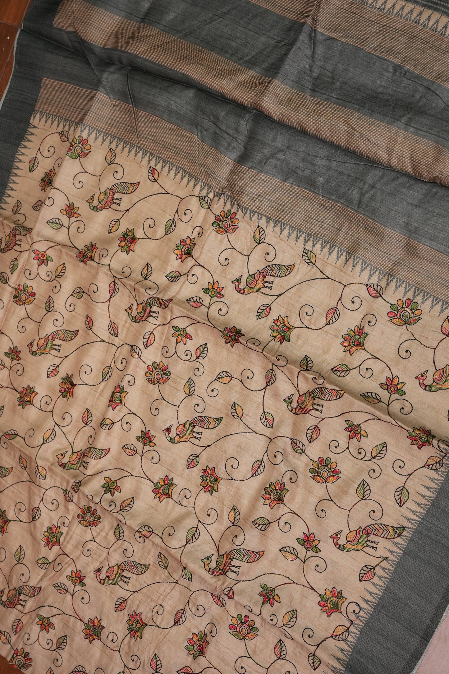Semi Raw Silk Saree with Embroidered Body & Temple Border – Beige & Charcoal Grey