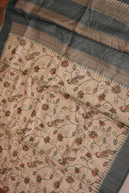 Semi Raw Silk Saree with Embroidered Body & Temple Border – Beige & Charcoal Grey