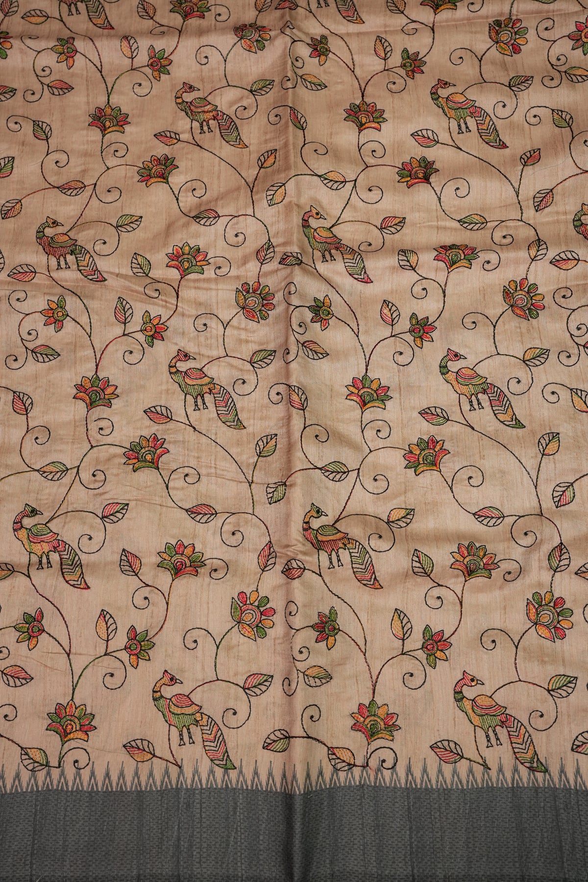 Semi Raw Silk Saree with Embroidered Body & Temple Border – Beige & Charcoal Grey