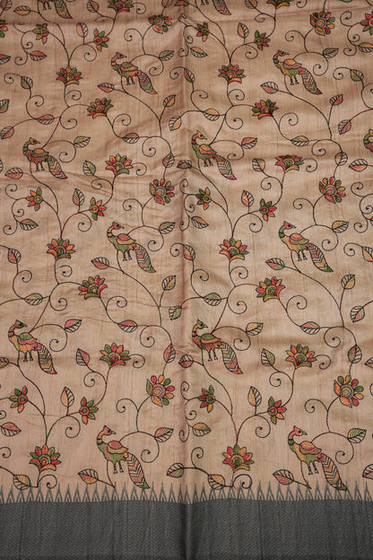 Semi Raw Silk Saree with Embroidered Body & Temple Border – Beige & Charcoal Grey