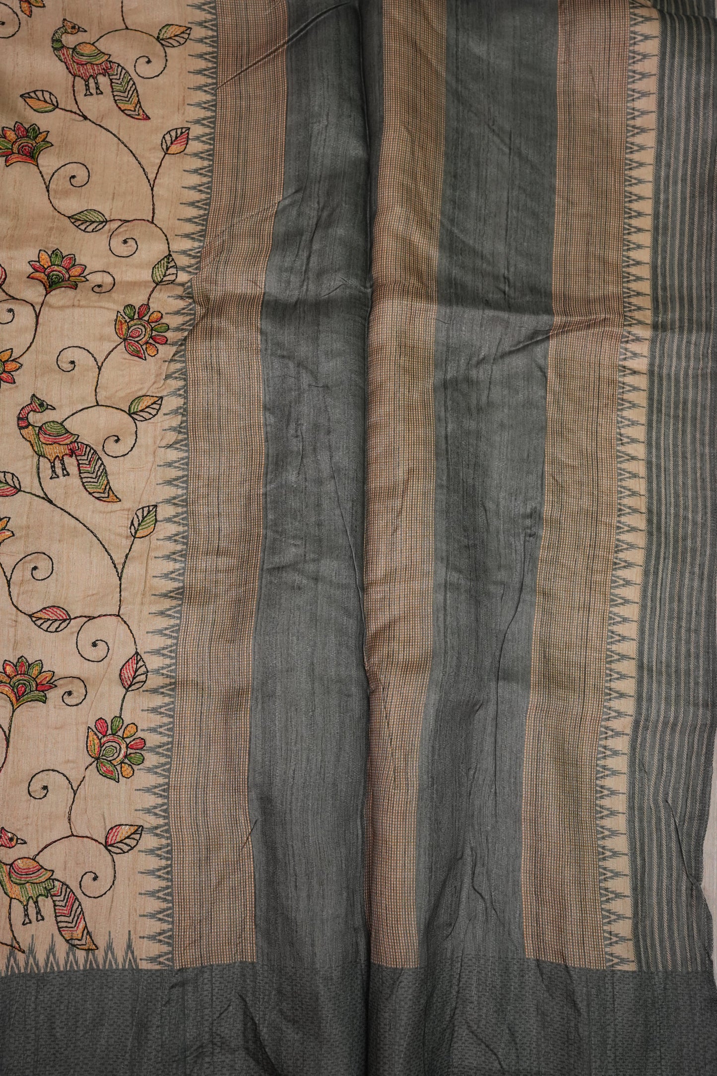 Semi Raw Silk Saree with Embroidered Body & Temple Border – Beige & Charcoal Grey