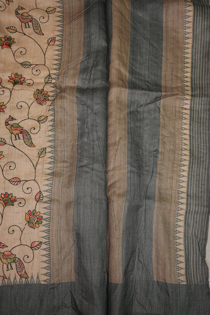 Semi Raw Silk Saree with Embroidered Body & Temple Border – Beige & Charcoal Grey