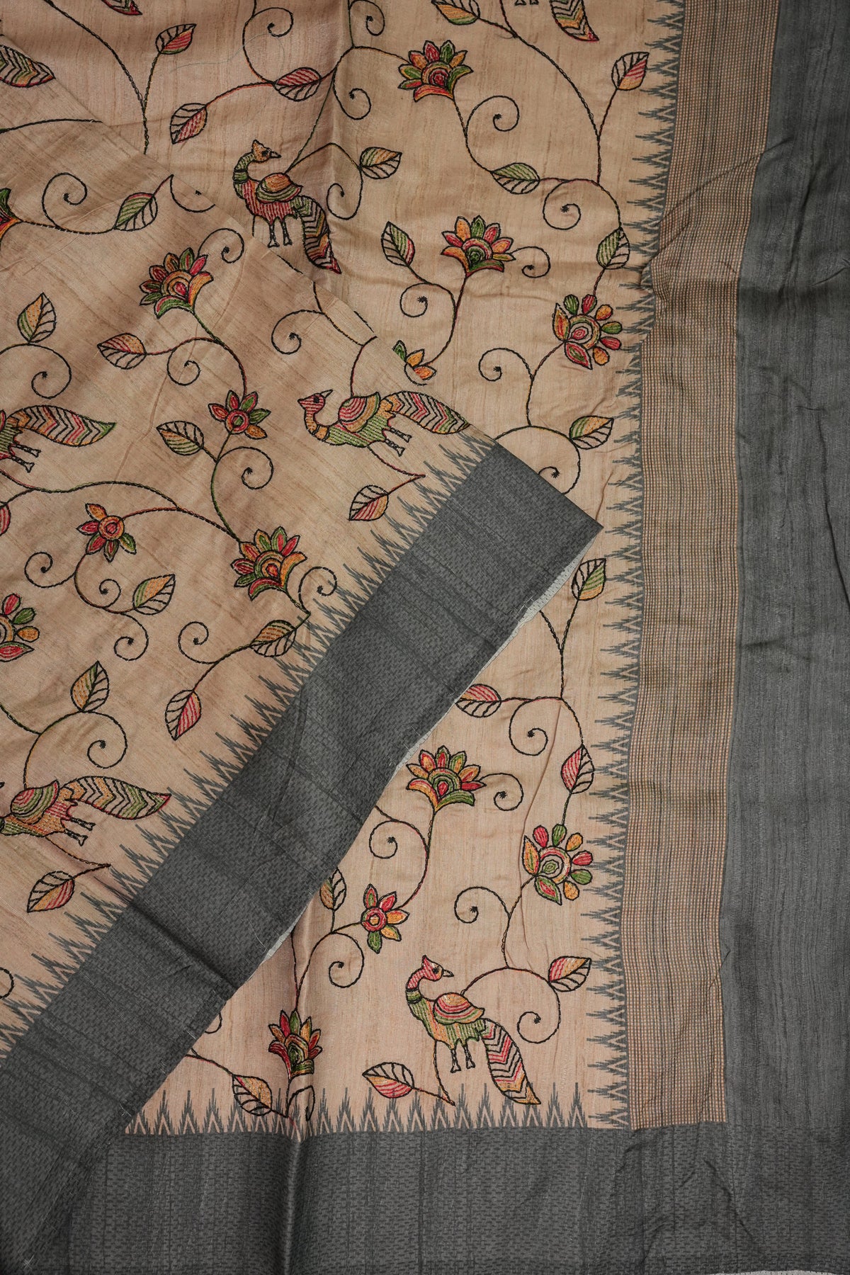 Semi Raw Silk Saree with Embroidered Body & Temple Border – Beige & Charcoal Grey