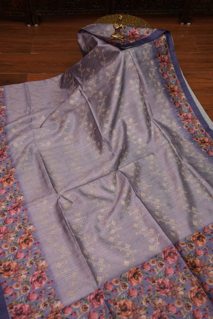Semi Raw Silk Saree with Embroidered Body & Floral Border – Lavender Grey