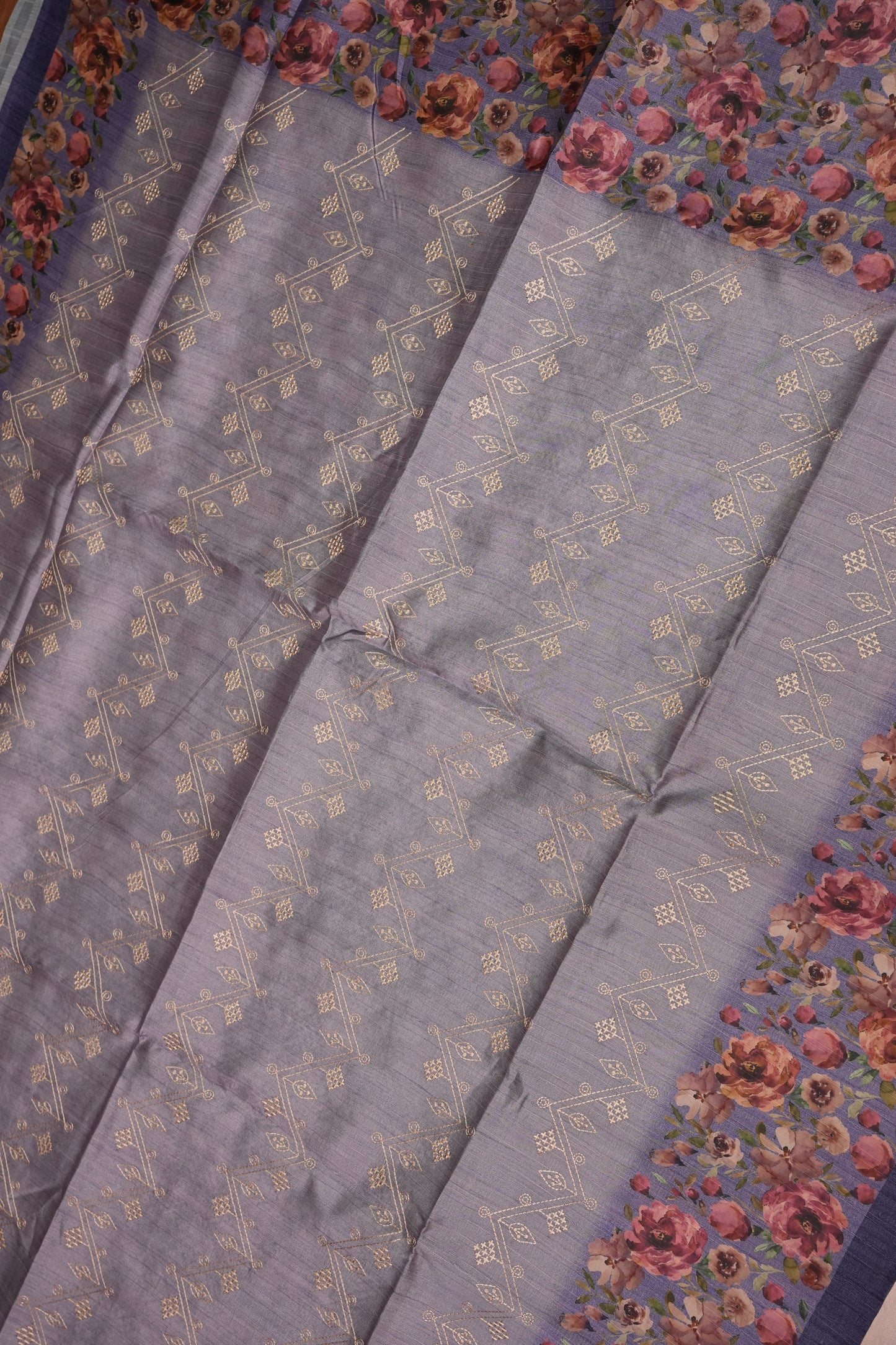 Semi Raw Silk Saree with Embroidered Body & Floral Border – Lavender Grey