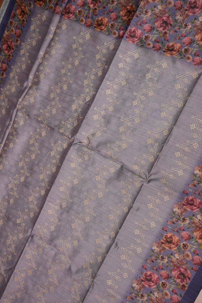Semi Raw Silk Saree with Embroidered Body & Floral Border – Lavender Grey