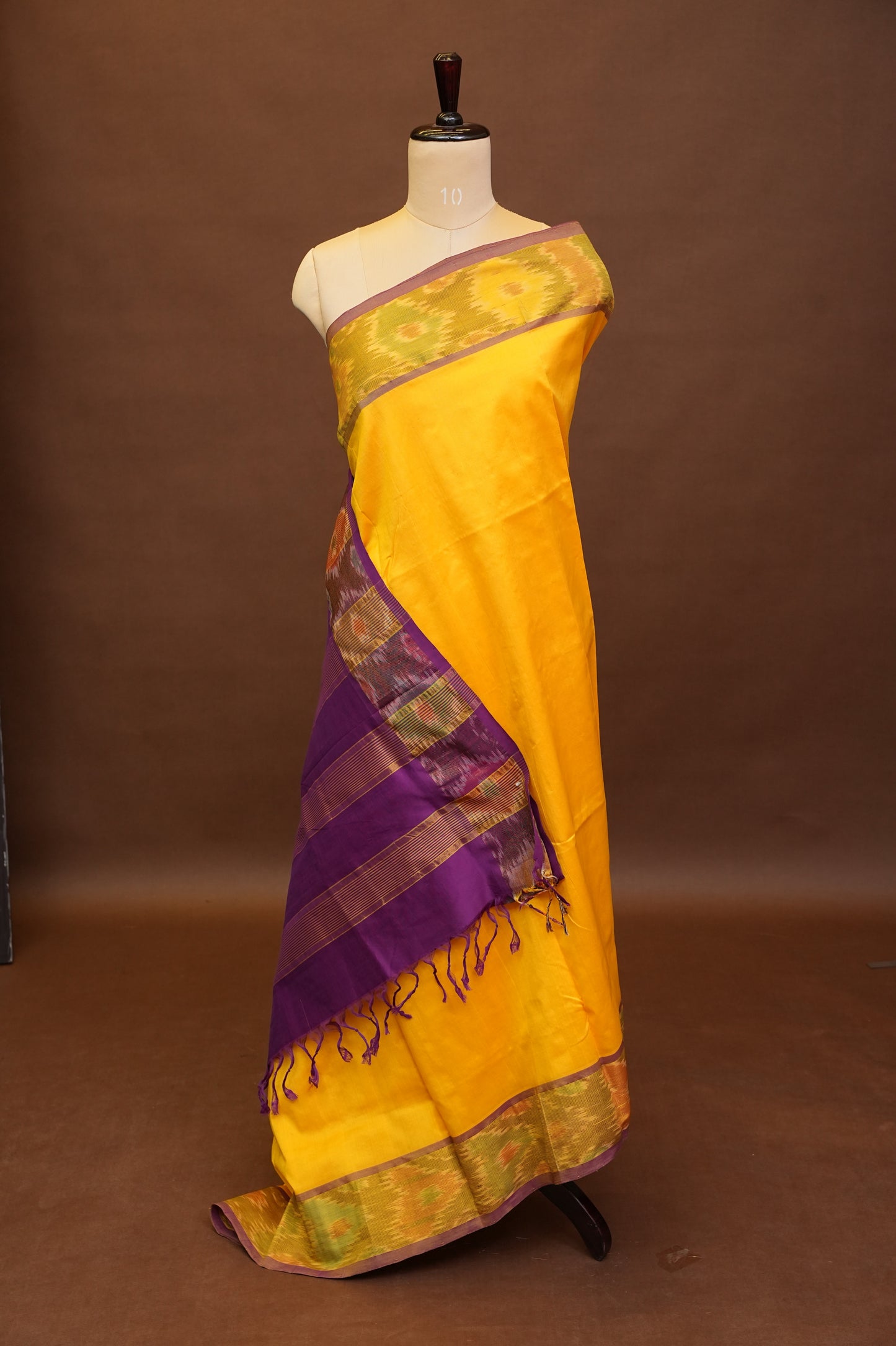Ikkat Cotton Silk Saree - Yellow and Deep Purple