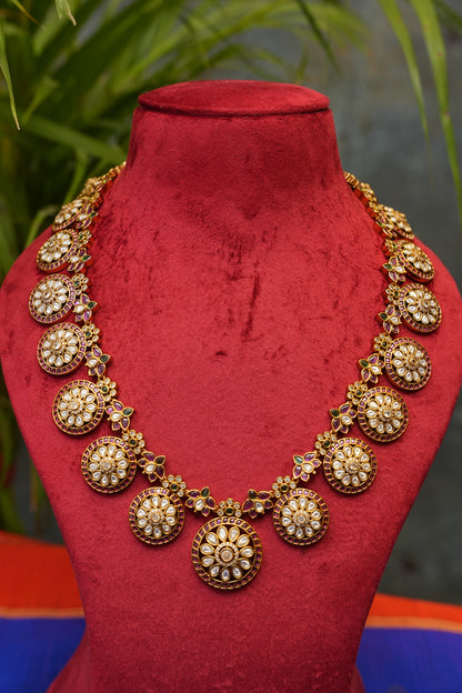 Classic Statement Long Antique Gold-Plated Floral Patterned Necklace Set