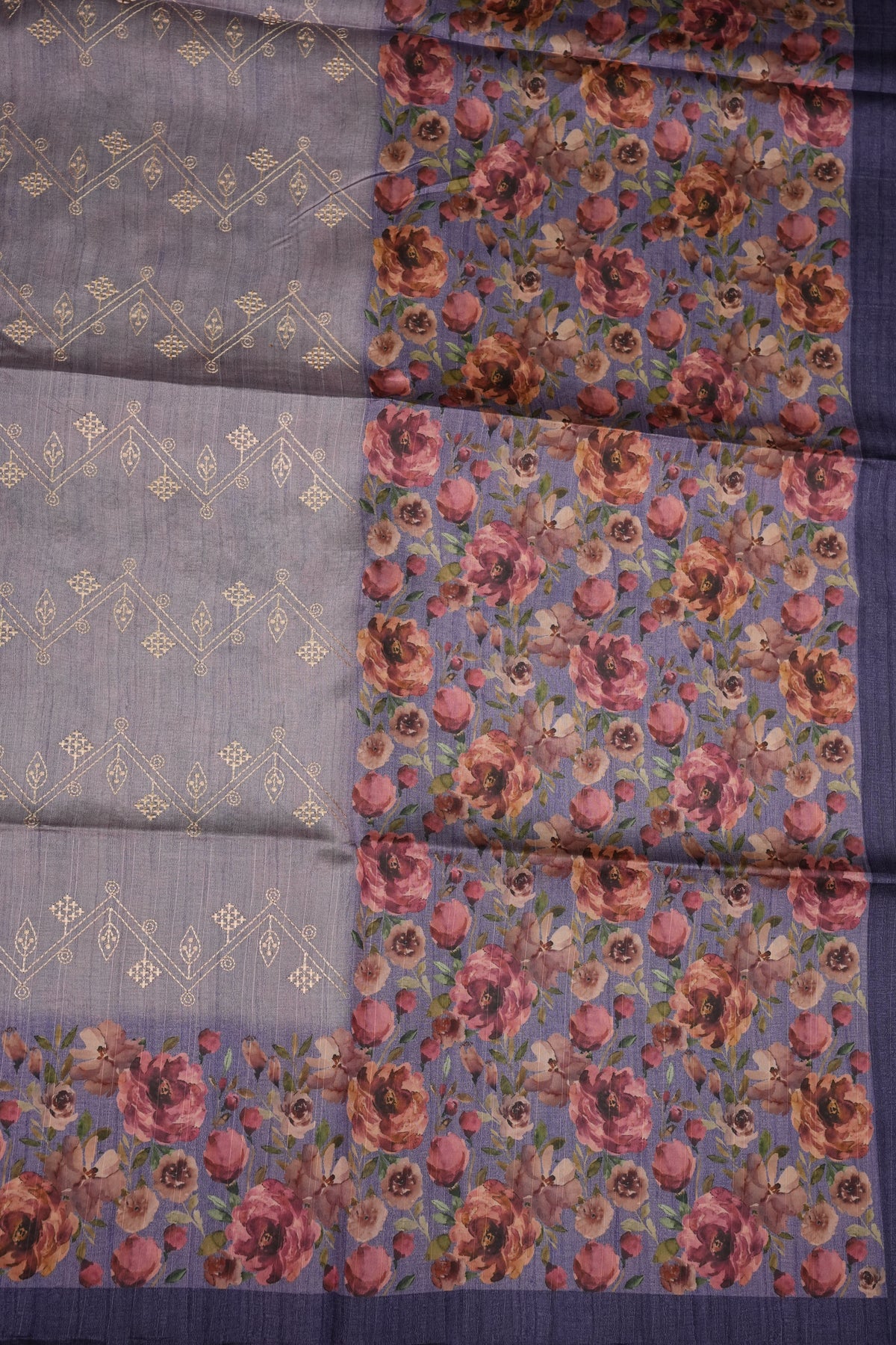 Semi Raw Silk Saree with Embroidered Body & Floral Border – Lavender Grey