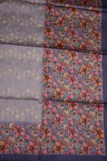 Semi Raw Silk Saree with Embroidered Body & Floral Border – Lavender Grey