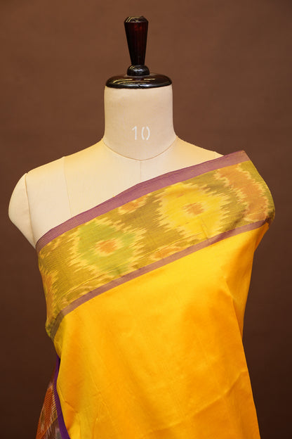 Ikkat Cotton Silk Saree - Yellow and Deep Purple