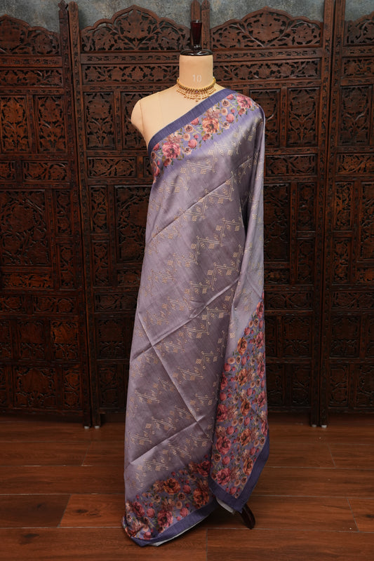Semi Raw Silk Saree with Embroidered Body & Floral Border – Lavender Grey