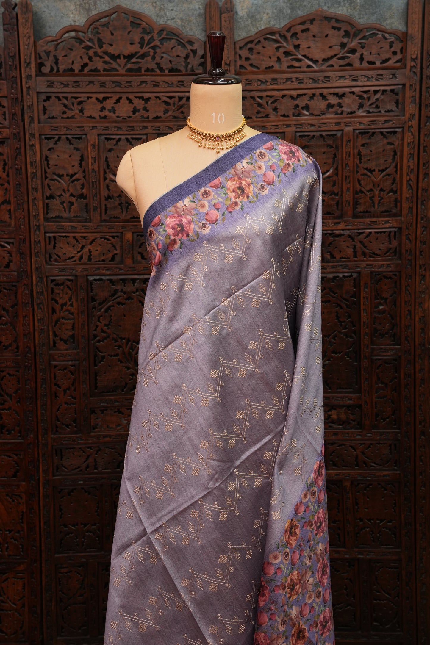 Semi Raw Silk Saree with Embroidered Body & Floral Border – Lavender Grey
