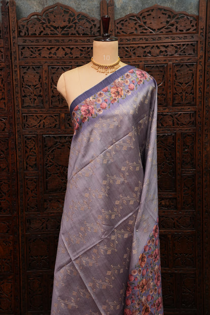 Semi Raw Silk Saree with Embroidered Body & Floral Border – Lavender Grey