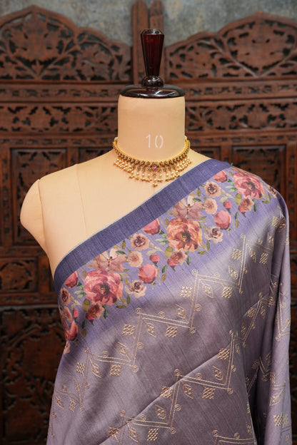 Semi Raw Silk Saree with Embroidered Body & Floral Border – Lavender Grey