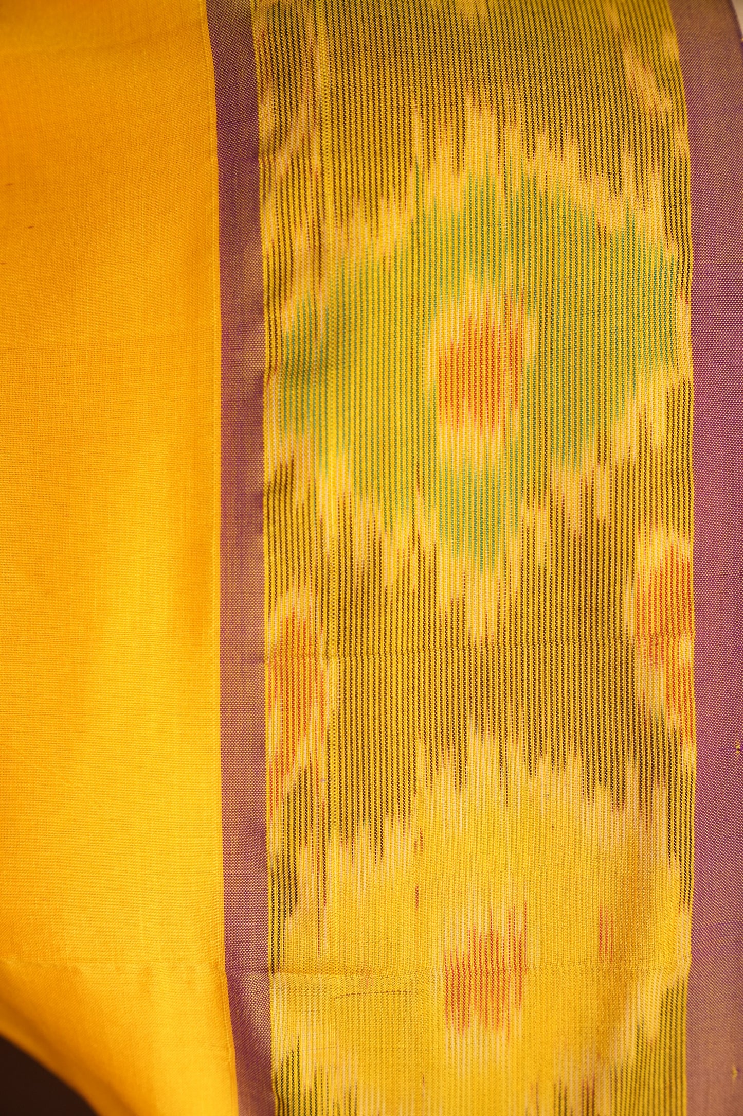 Ikkat Cotton Silk Saree - Yellow and Deep Purple