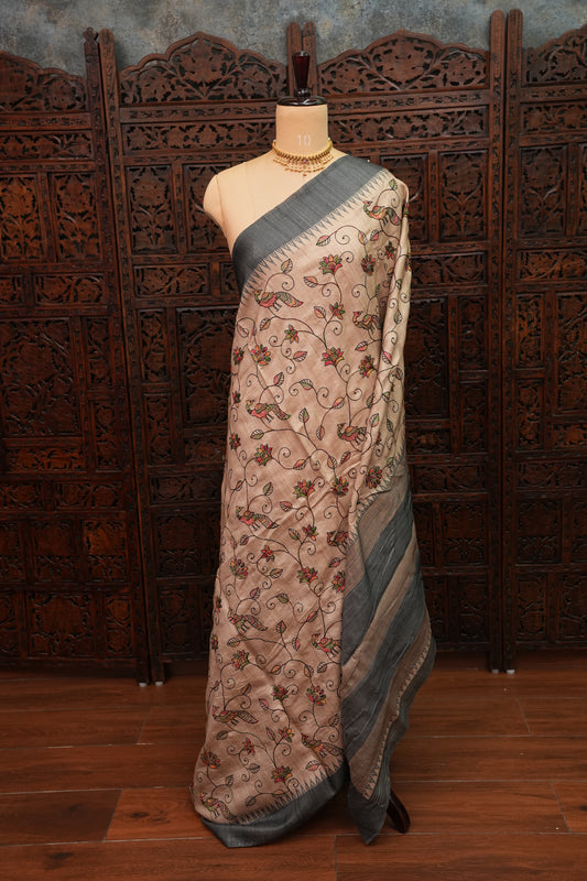 Semi Raw Silk Saree with Embroidered Body & Temple Border – Beige & Charcoal Grey