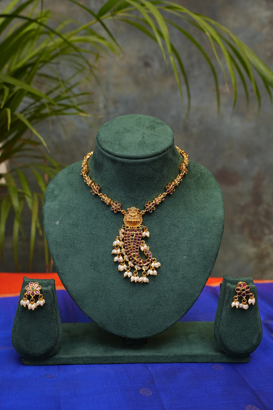 Antique Gold-Plated Lakshmi Paisley Pendant Necklace Set with Pearl Drops