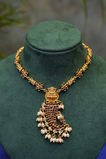 Antique Gold-Plated Lakshmi Paisley Pendant Necklace Set with Pearl Drops