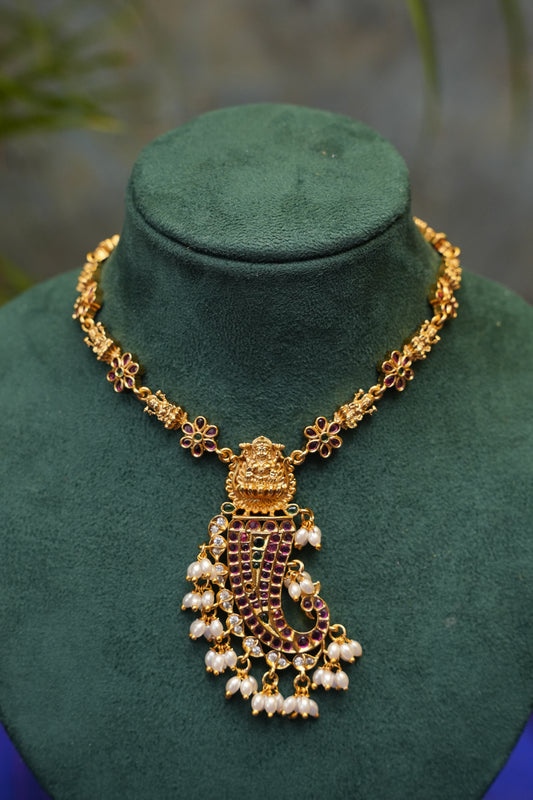 Antique Gold-Plated Lakshmi Paisley Pendant Necklace Set with Pearl Drops