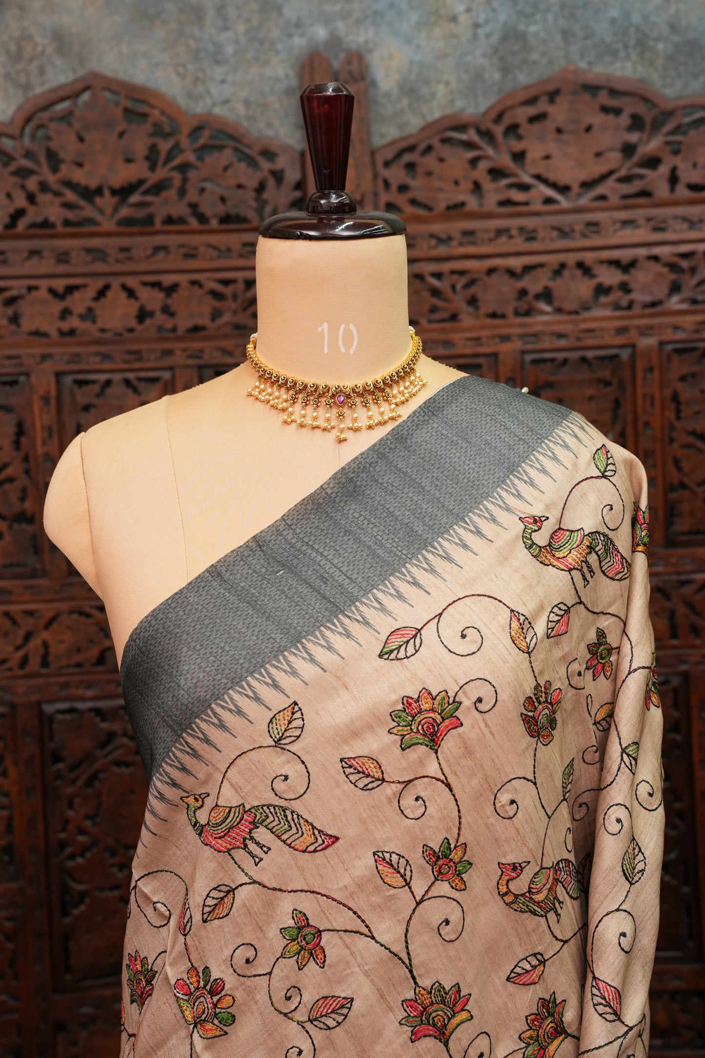 Semi Raw Silk Saree with Embroidered Body & Temple Border – Beige & Charcoal Grey
