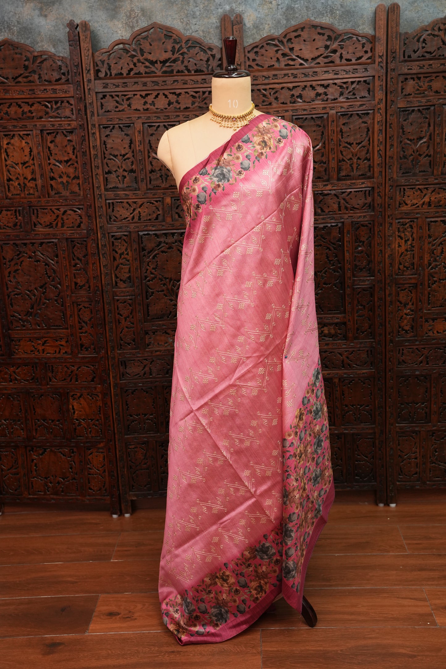 Semi Raw Silk Saree with Embroidered Body & Floral Borders – Dusty Rose Pink