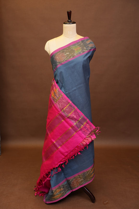 Ikkat Cotton Silk Saree - Grey and Pink