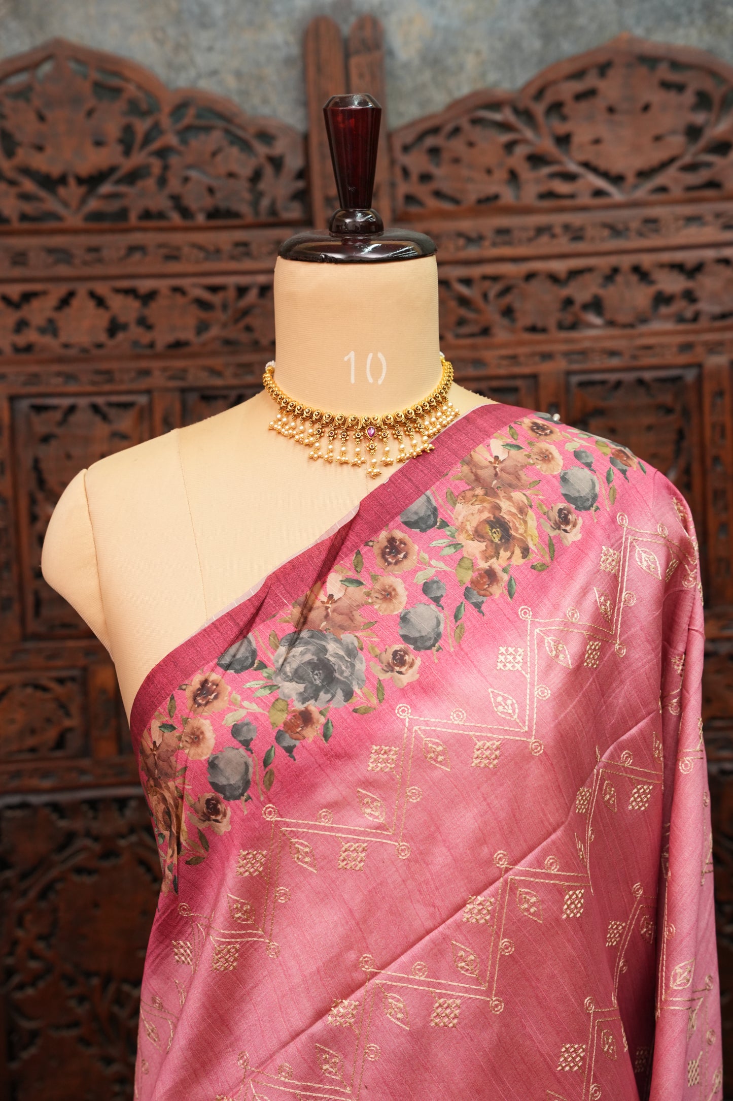 Semi Raw Silk Saree with Embroidered Body & Floral Borders – Dusty Rose Pink