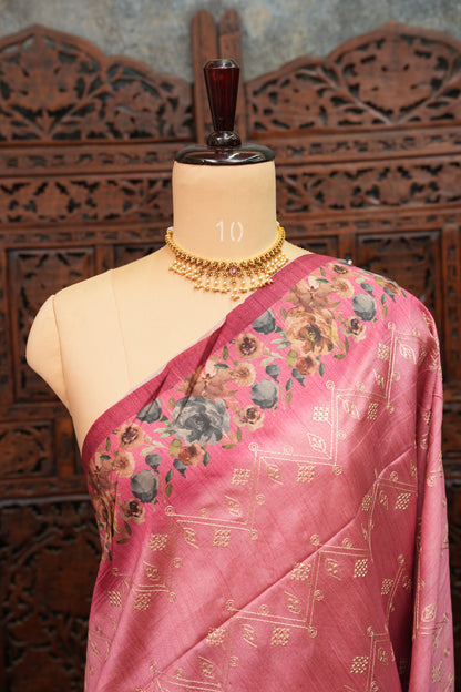 Semi Raw Silk Saree with Embroidered Body & Floral Borders – Dusty Rose Pink
