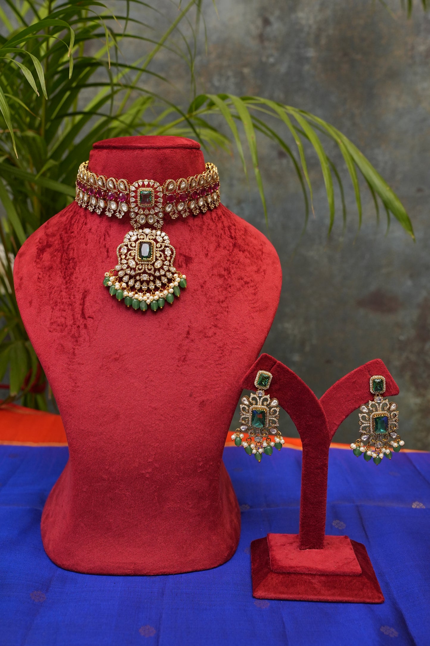 Victorian Statement Emerald & Ruby Stone Choker Necklace Set with Pearl Drops